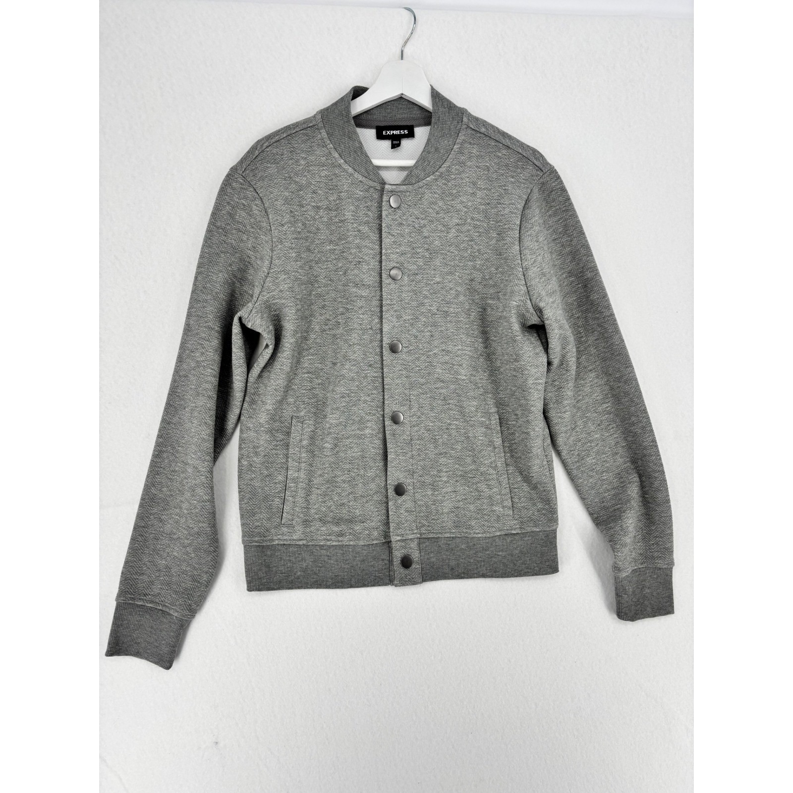 Express Mens Gray Herringbone Bomber Jacket Snap Front Size S